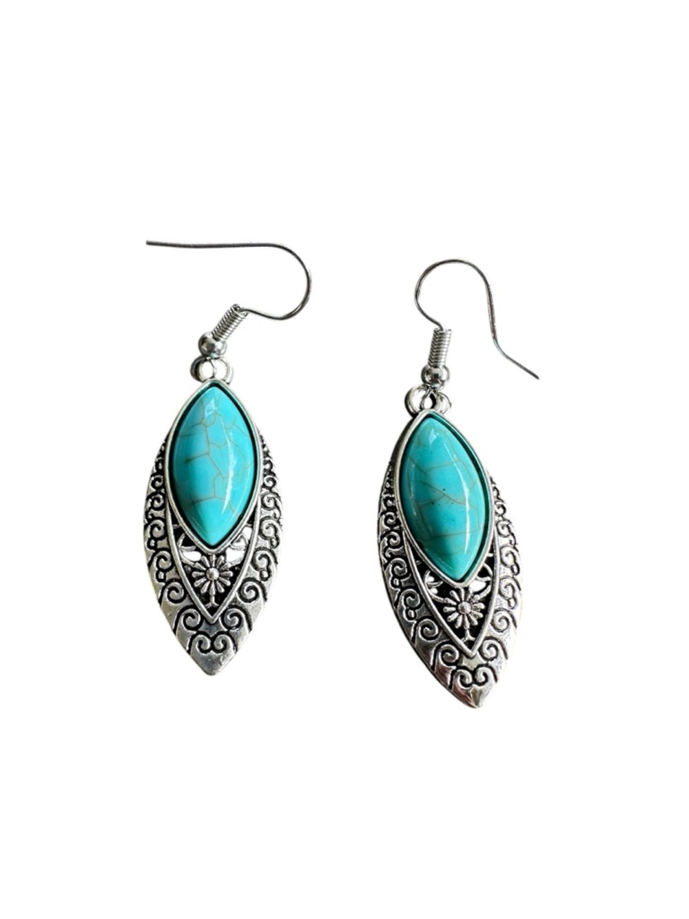 Boho Native American Inspired Silver and Turquoise Ornate Drop Earrings